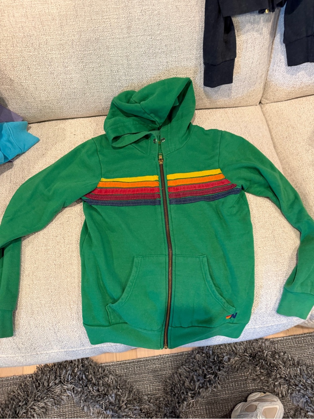Aviator Nation Green Zip Hoodie with Rainbow Chest Stripes size 10 kids